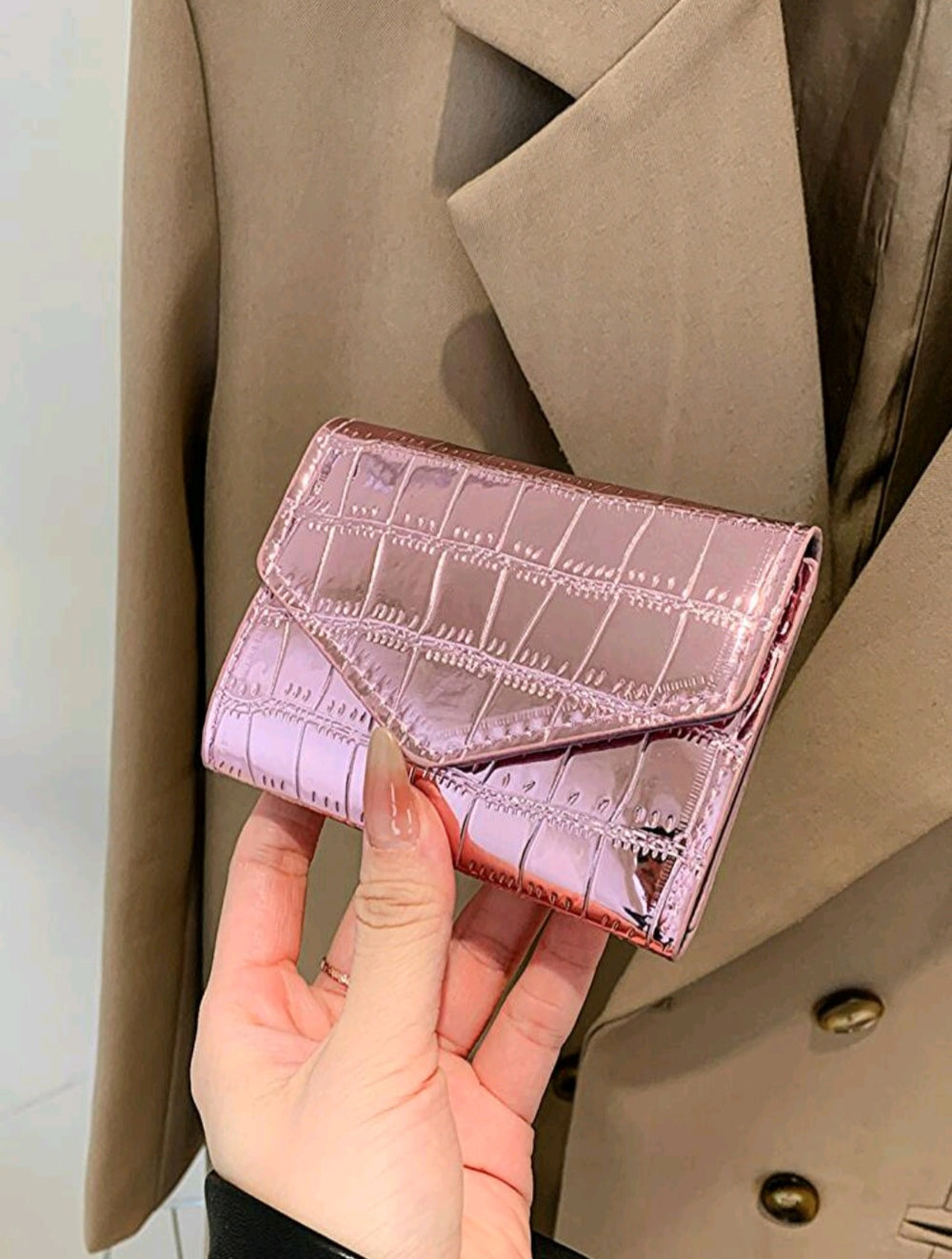 Pink Croc-Embossed Glossy Wallet