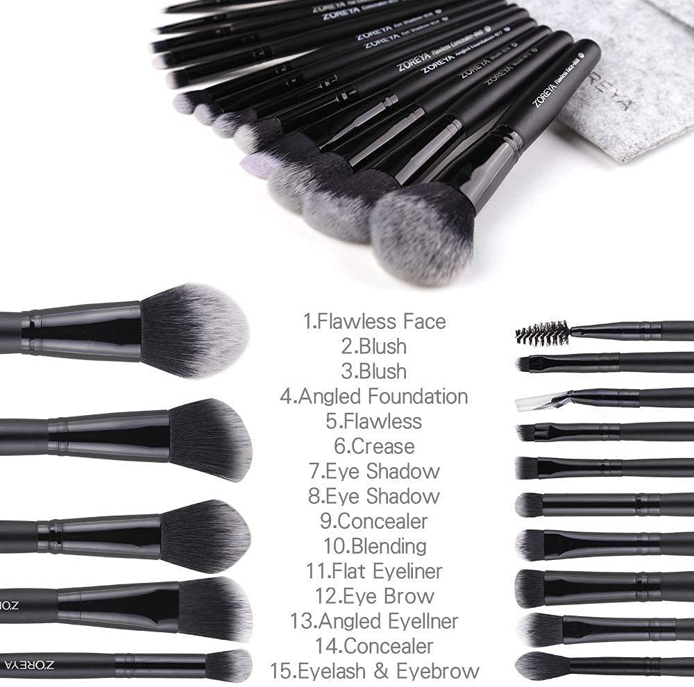 Z'OREYA-Makeup Brushes 15 Piece High End Black Makeup Brush Set