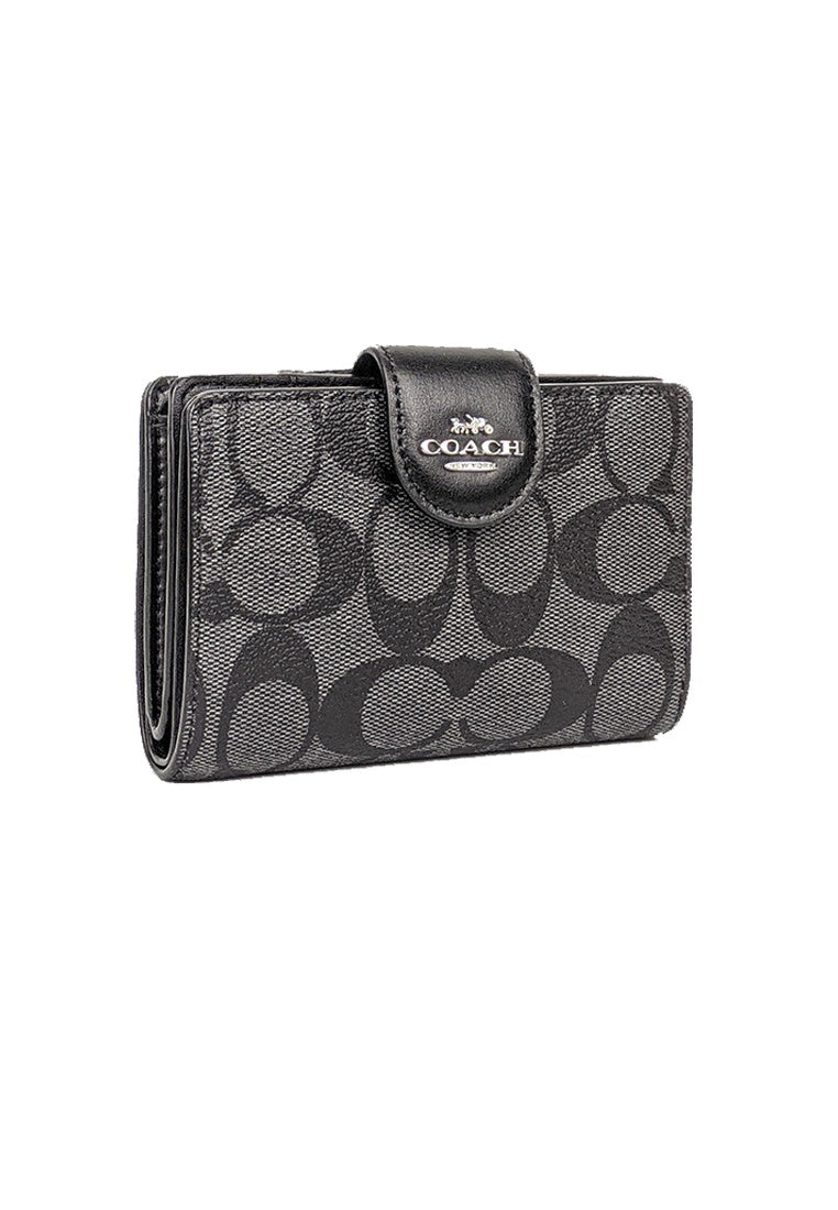 Coach-Medium Corner Zip Wallet In Signature Canvas "Black & Smoke"