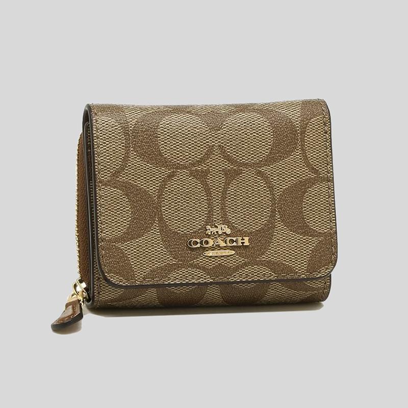 Coach-Small Trifold Wallet In Signature Canvas "Khaki Saddle"