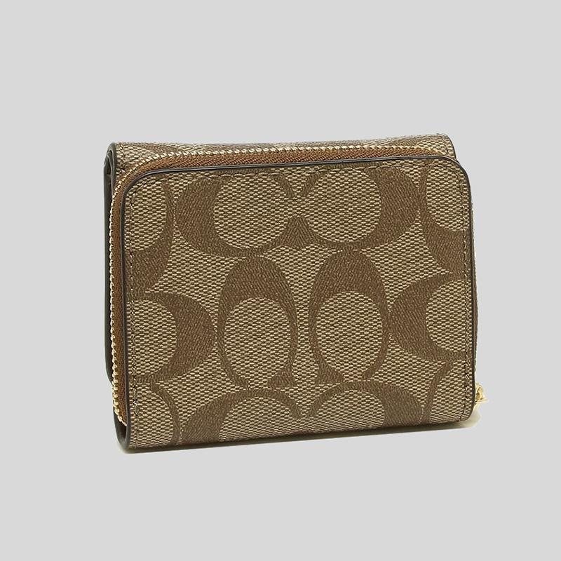 Coach-Small Trifold Wallet In Signature Canvas "Khaki Saddle"