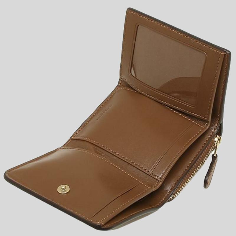 Coach-Small Trifold Wallet In Signature Canvas "Khaki Saddle"